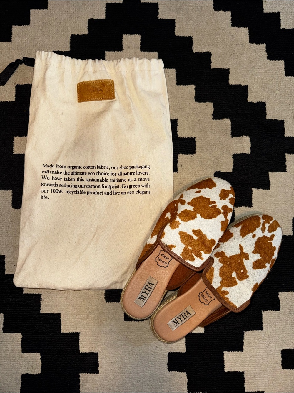 Myra Bag White and Brown Cowhide Mule Flats